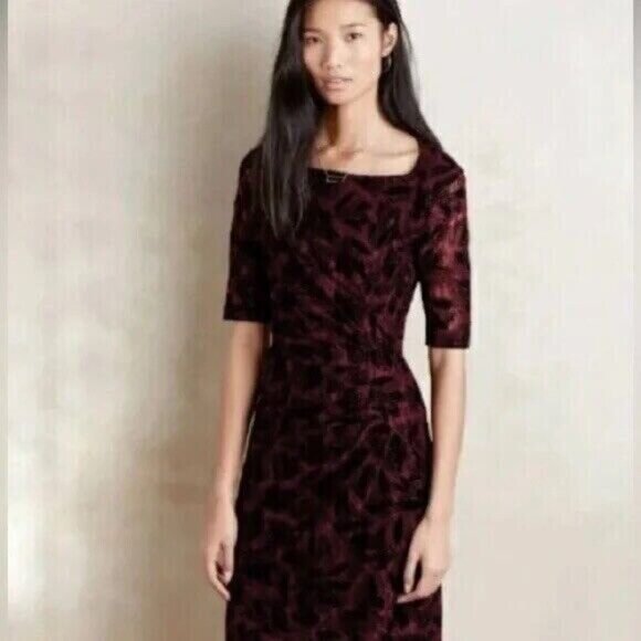 Maeve Elron Ruched Lace Dress Burgundy Size 2 Square Neck NWT - Picture 1 of 10
